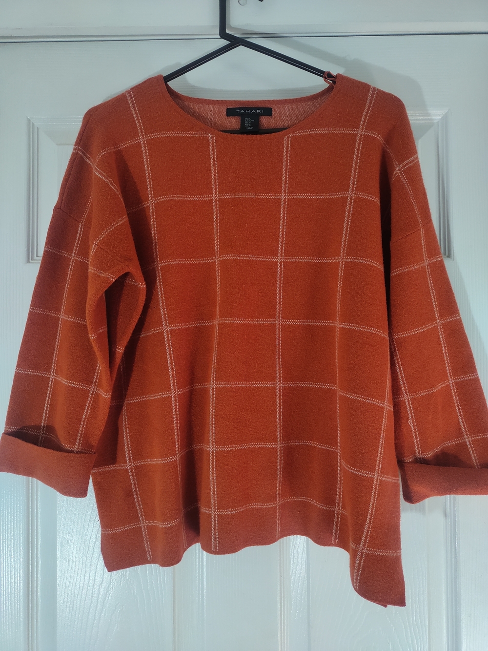 Tahari Rust Orange Windowpane Crewneck Sweater - Picture 1 of 4
